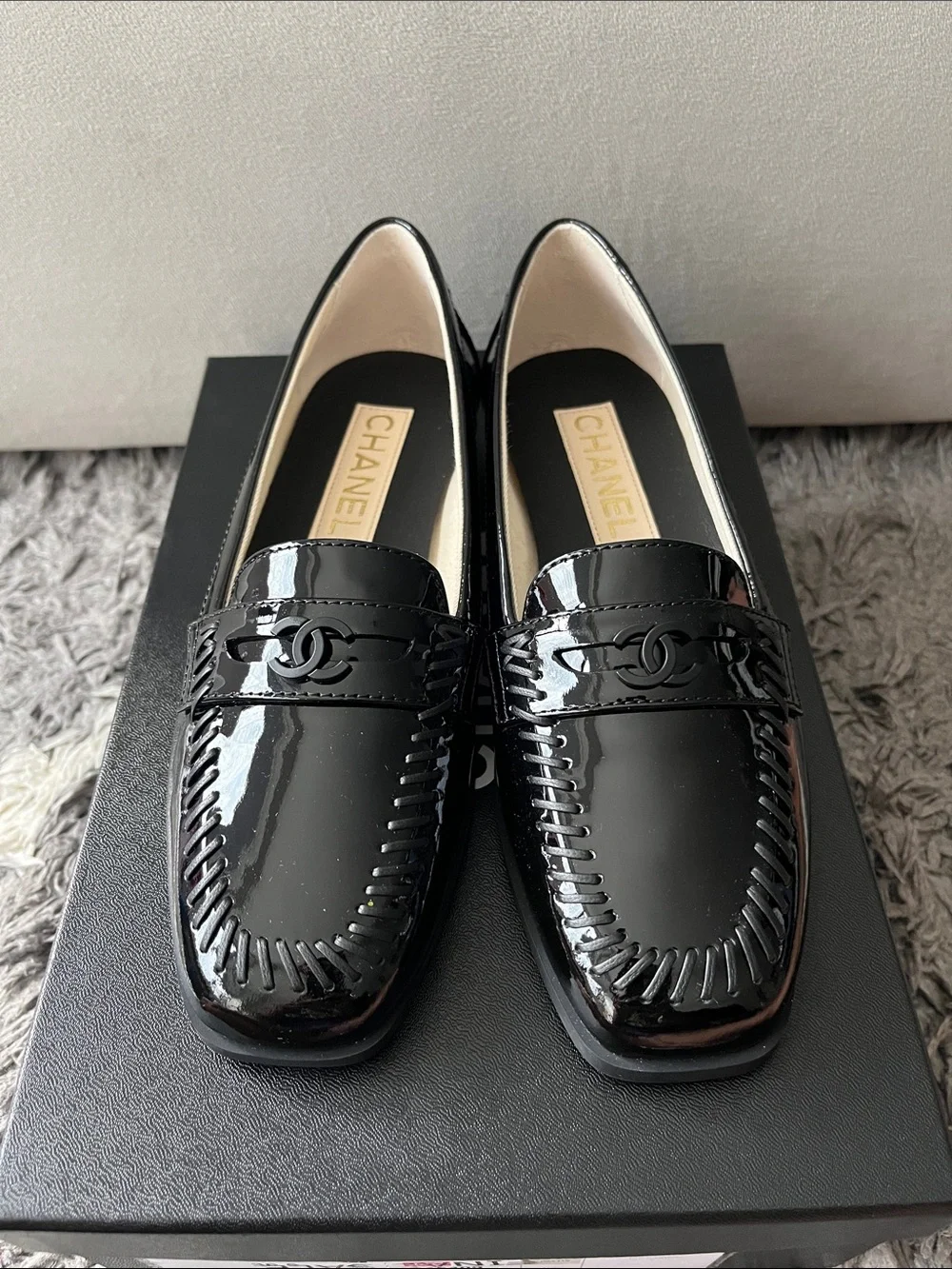 Chanel black loafers. Patent calfskin. Size 36.5. New in box. Season 24C.
